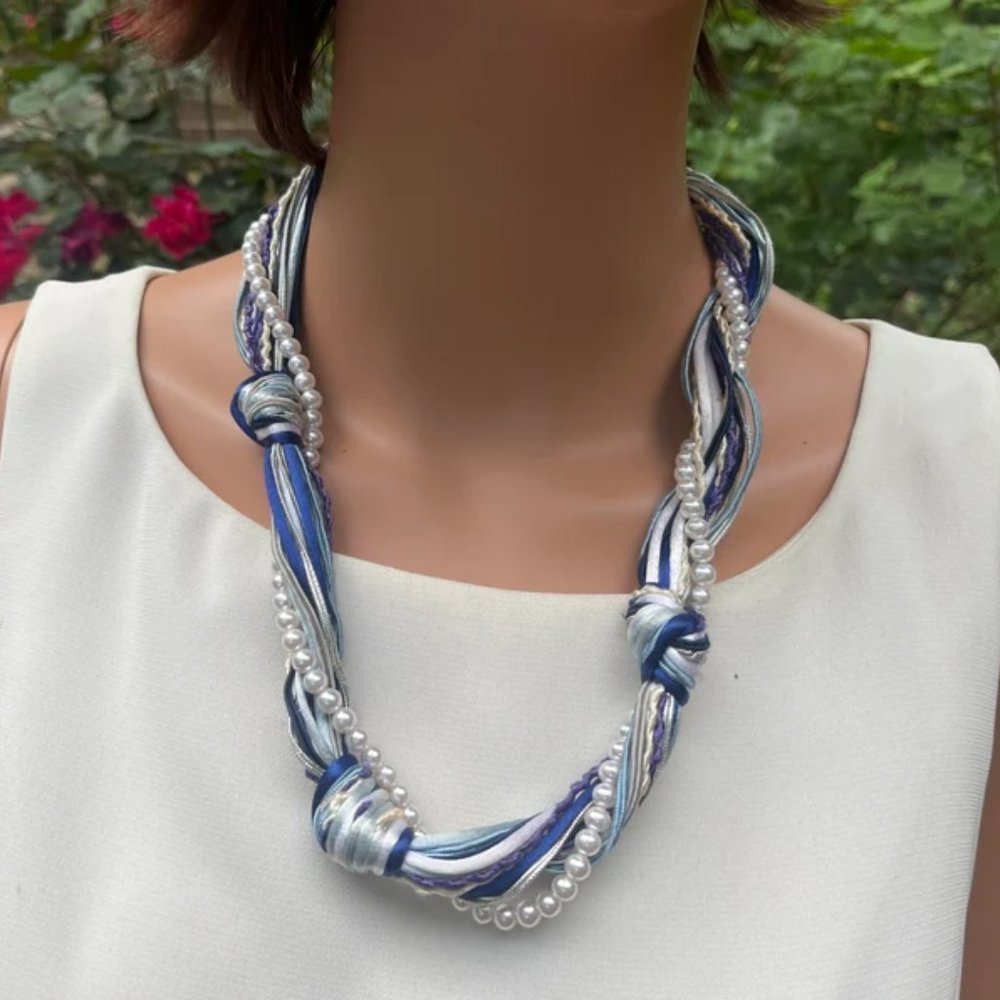 Hand Crafted Blue White Woven Preppy Bib Necklace 21"